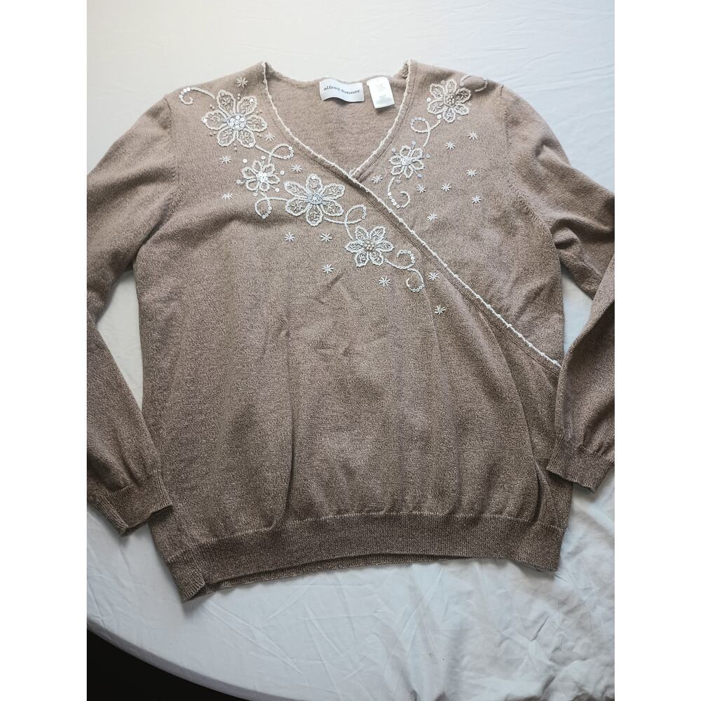 Alfred‎ Dunner Large Women Embroidered Pullover Sweater Tan Floral Boho Grandma